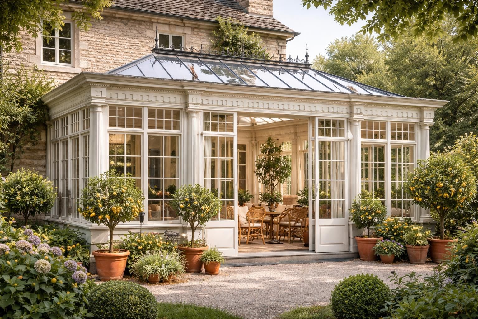 découvrez notre véranda style orangerie qui allie le charme de l'ancien à une extension élégante et lumineuse pour votre maison.