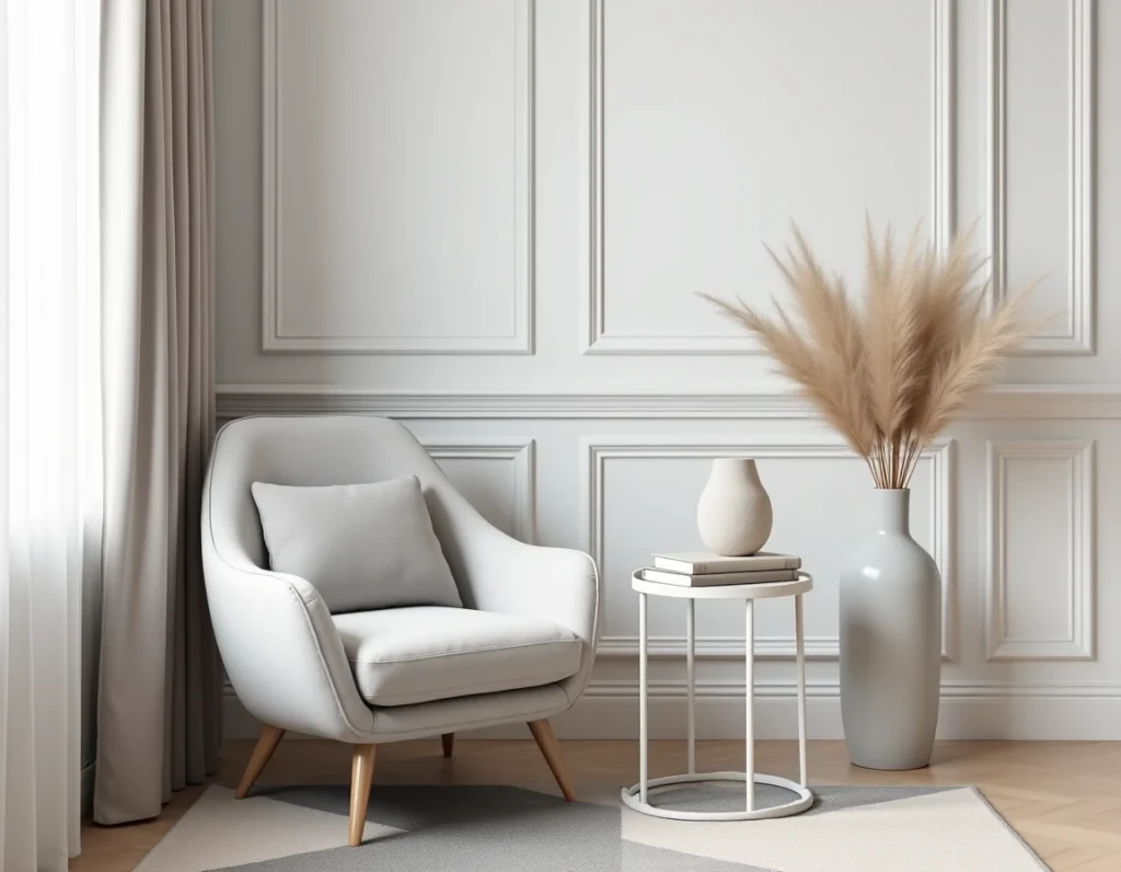 Coin salon décoré avec fauteuil en velours gris, table d'appoint blanche et accessoires déco tendance blanc et gris 2026