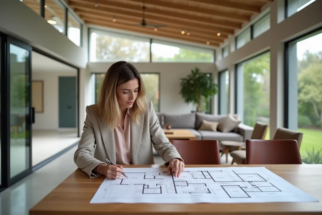 Intérieur spacieux d'une maison en L avec séjour ouvert, verrière sur cour intérieure et plan de maison 4 chambres étudié