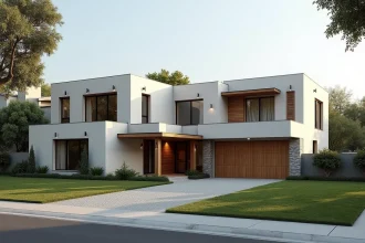 Maison en L moderne 4 chambres vue depuis la rue sur terrain d'angle avec bardage gris et jardin aménagé