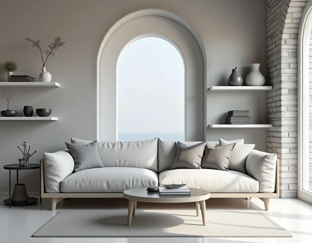 Salon scandinave minimaliste en gris et blanc avec canapé en bouclé, table en verre fumé et étagères ouvertes, tendances décoration 2026