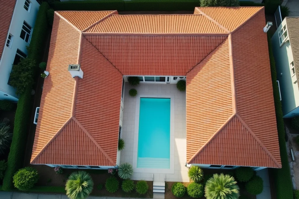 Vue aérienne d'une maison en L sur terrain en longueur avec piscine dans l'angle intérieur et toiture tuiles