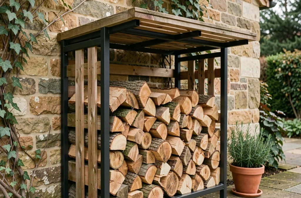 Abri à bûches en acier et bois contre un vieux mur en pierre recouvert de lierre, avec des bûches de chêne empilées soigneusement dans un jardin rustique