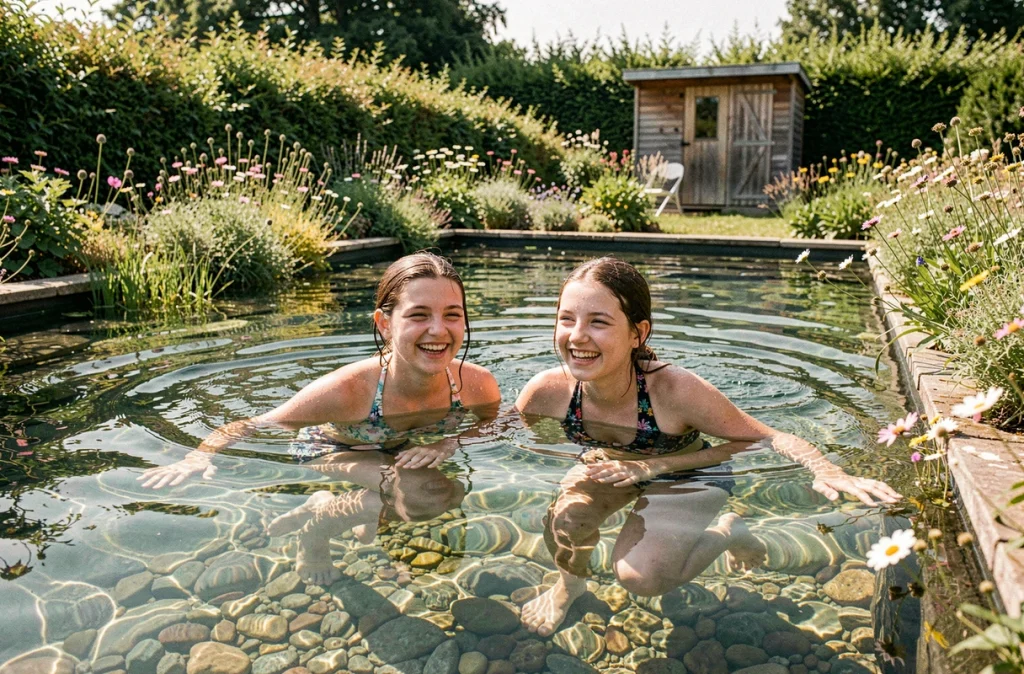 Deux adolescents nageant dans une piscine naturelle aux eaux cristallines intégrée dans un paysage rural verdoyant en été