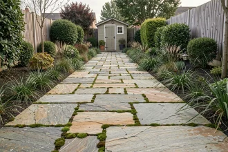Allée de jardin en dalles de pierre naturelle irrégulières avec mousse entre les joints dans un jardin résidentiel