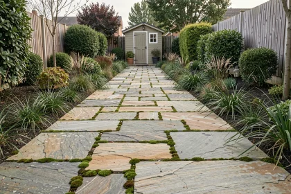 Allée de jardin en dalles de pierre naturelle irrégulières avec mousse entre les joints dans un jardin résidentiel