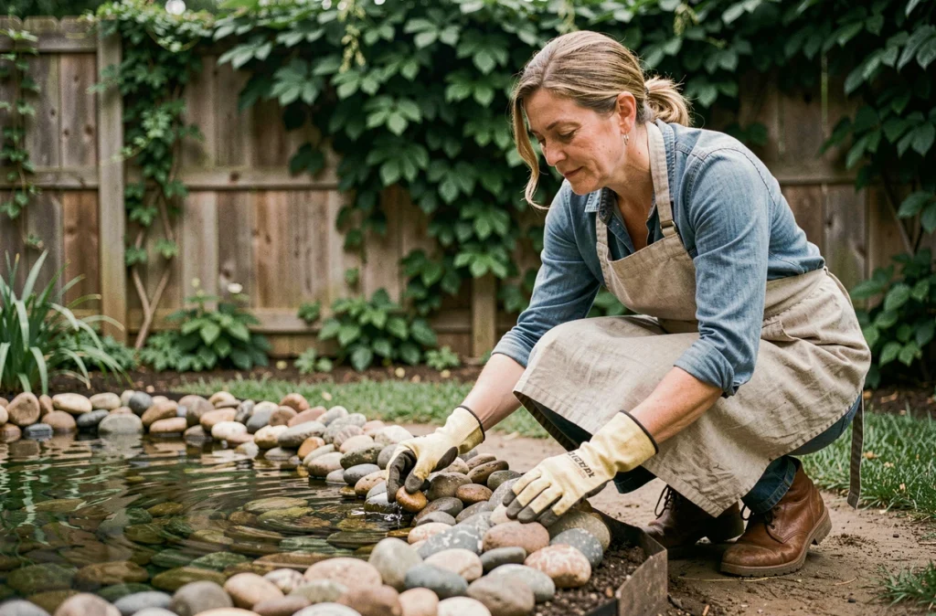 Femme aménageant les bords d'un bassin d'agrément avec des galets dans un jardin résidentiel