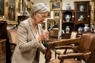 Antiquaire experte examinant un fauteuil Louis XVI dans une boutique d'antiquités à Caen