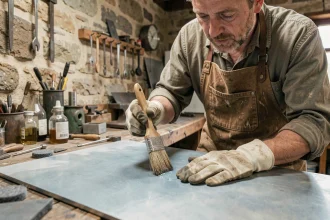 Artisan appliquant une patine sur une feuille de zinc avec un pinceau en atelier traditionnel