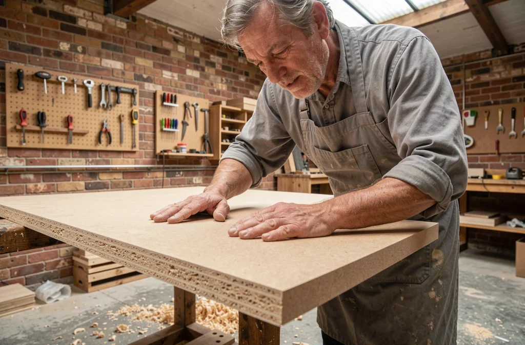 Artisan ponçant un panneau MDF dans un atelier de menuiserie avec murs en briques et outils au mur