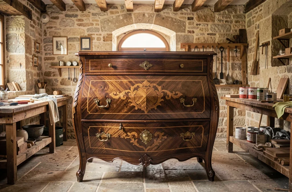 Commode ancienne en noyer restaurée dans l'atelier d'un antiquaire à Caen