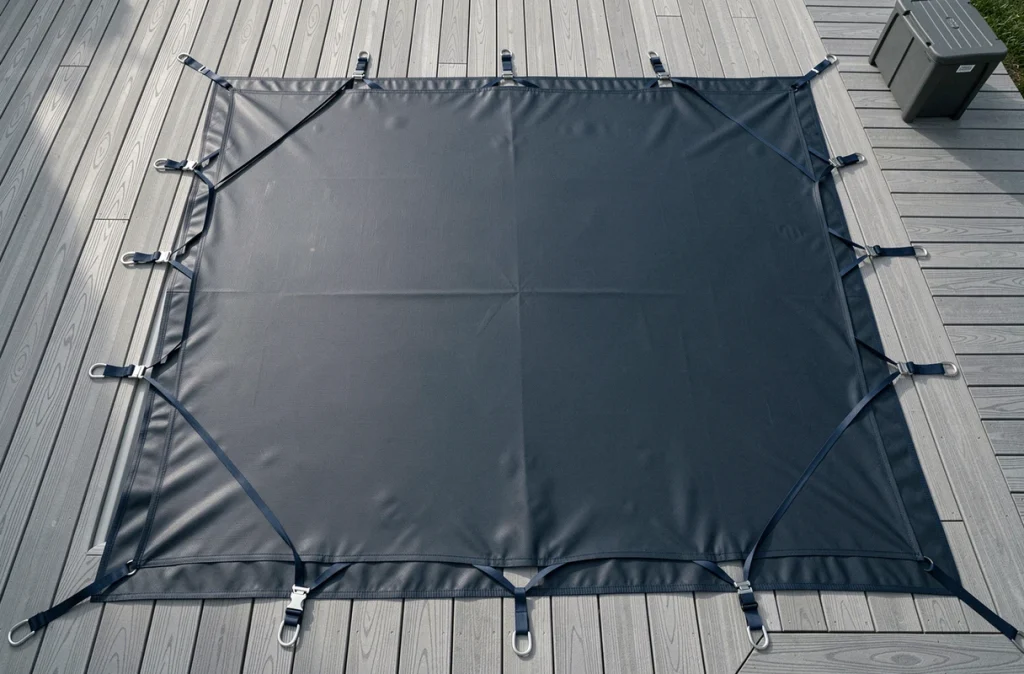 Bâche de sécurité anti-chute tendue sur une piscine rectangulaire avec sangles d'ancrage sur terrasse en bois composite gris