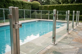 Barrière de sécurité en verre et acier inoxydable autour d'une piscine résidentielle moderne avec portillon à fermeture automatique
