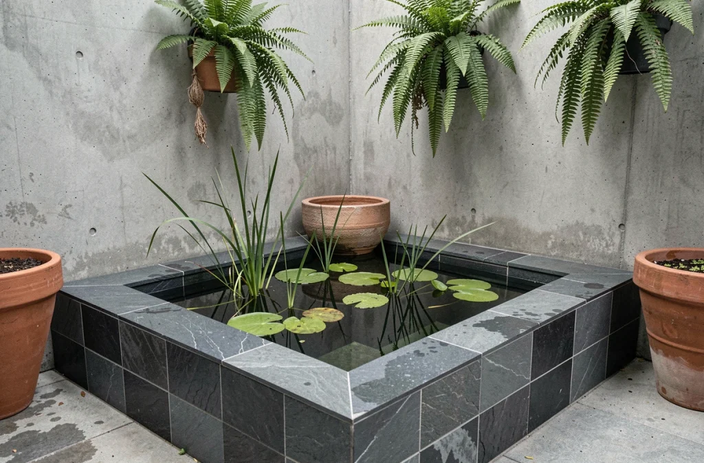 Bassin d'agrément contemporain en ardoise avec plantes aquatiques sur une terrasse urbaine