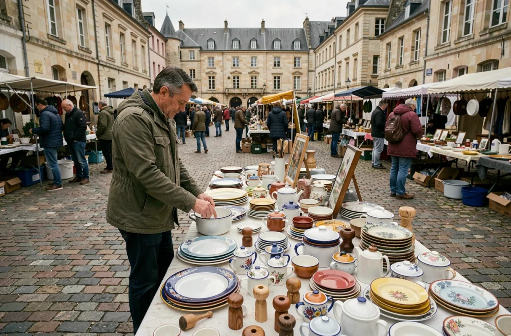 Brocanteur arrangeant des objets vintage sur un marché aux puces à Caen