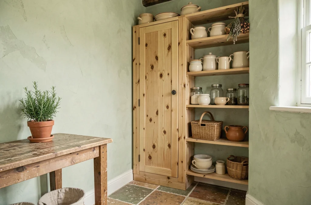 Cache compteur électrique en bois de pin brut intégré dans un coin cuisine de maison de campagne française avec étagères et céramiques