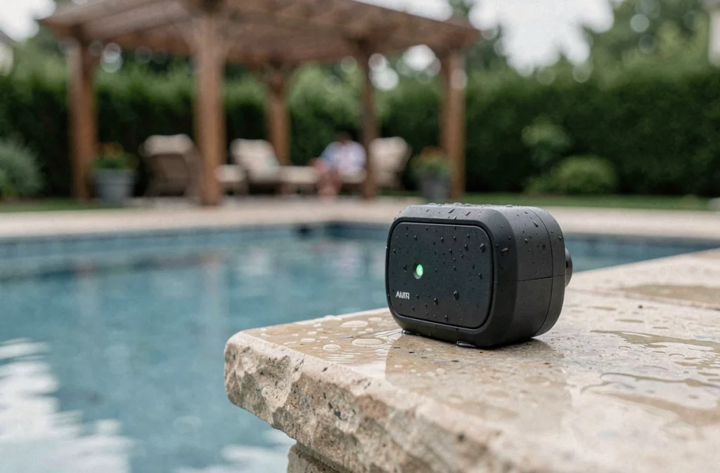 Gros plan sur un capteur connecté de qualité d'eau installé en bordure d'une piscine résidentielle dans le cadre d'un système domotique