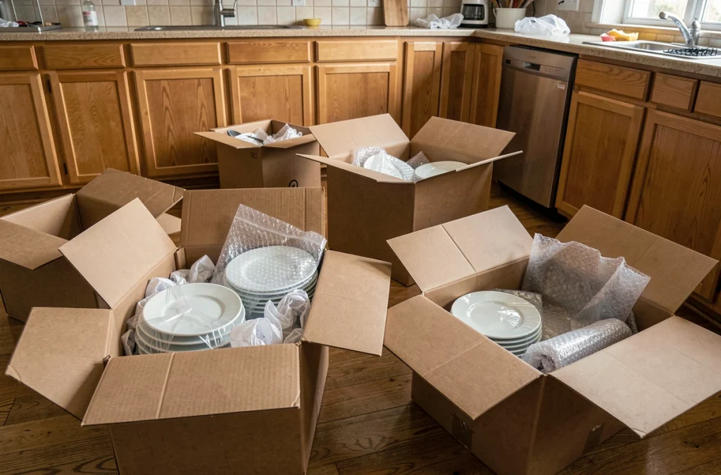 Cartons de déménagement ouverts remplis de vaisselle emballée et de papier bulle dans une cuisine