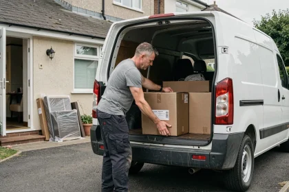 Homme chargeant des meubles en carton dans un utilitaire blanc garé devant une maison, illustrant le choix d'un véhicule utilitaire pour déménagement