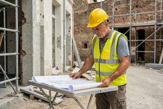 Chef de chantier consultant des plans avant travaux de réhabilitation d'un bâtiment en secteur STDH traité à l'HU