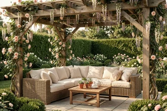 Coin détente aménagé sous une pergola en bois avec canapé en rotin et coussins en lin dans un jardin fleuri