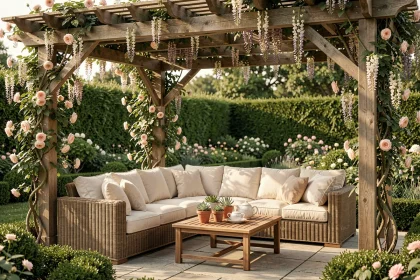 Coin détente aménagé sous une pergola en bois avec canapé en rotin et coussins en lin dans un jardin fleuri
