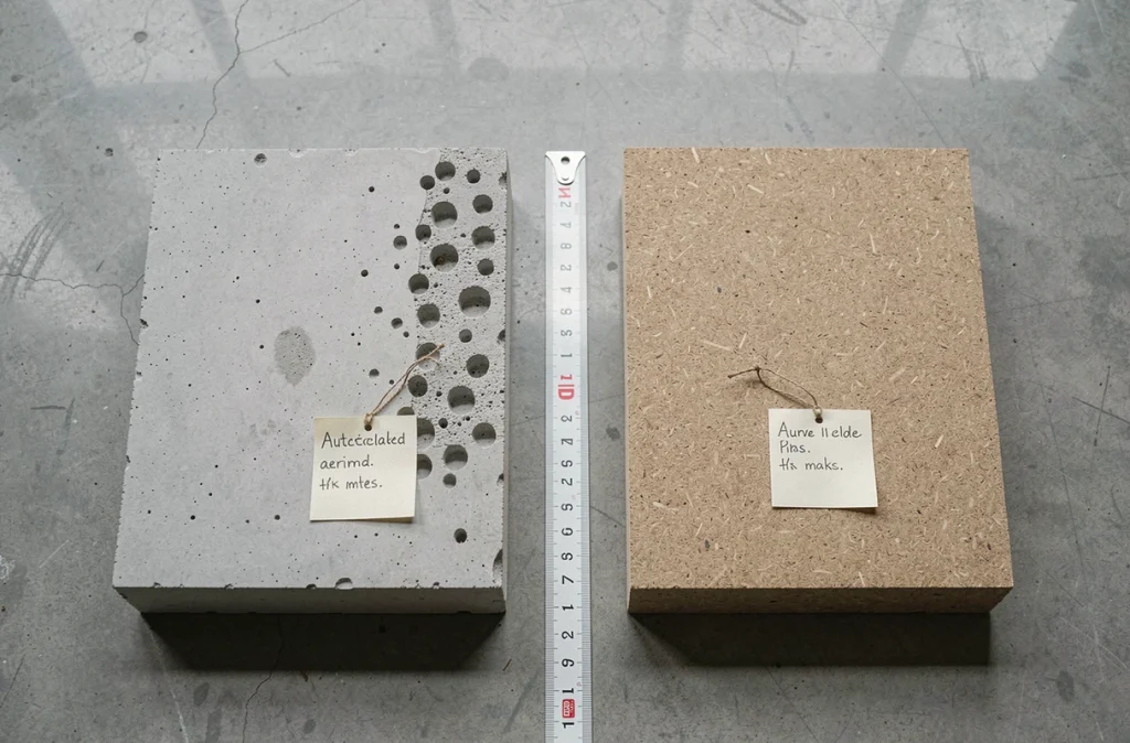 Comparaison flat lay de matériaux béton cellulaire et MDF côte à côte sur fond de béton brut en studio