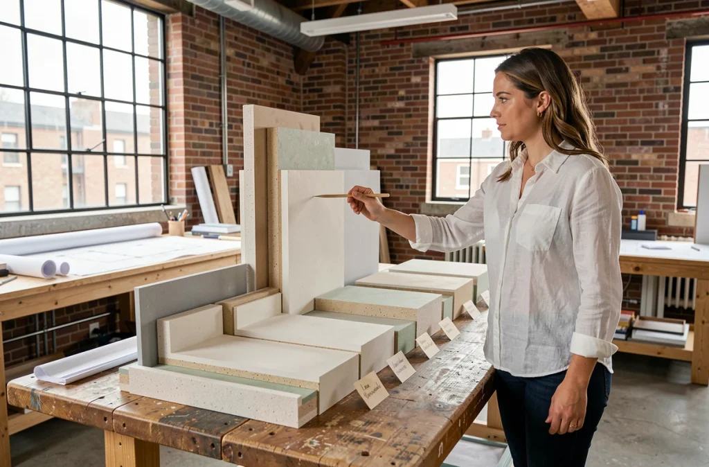 Architecte comparant différentes épaisseurs de plaques de placo isolant dans un bureau d'études