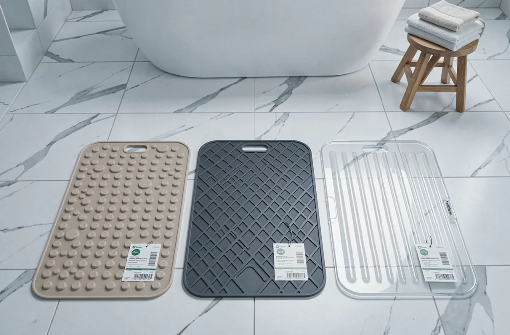 Comparaison de trois tapis antidérapants pour baignoire posés côte à côte, différentes textures et couleurs pour aider au choix