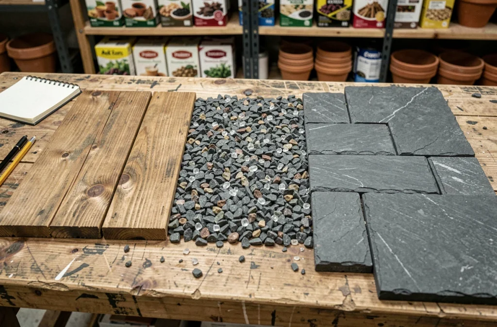 Comparatif de matériaux durables pour allées de jardin : bois recyclé, gravier et pavés basalte