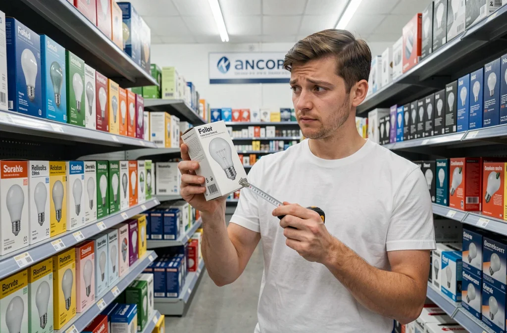 Personne comparant les dimensions imprimées sur l'emballage d'une ampoule avec un mètre ruban dans un rayon de magasin de bricolage