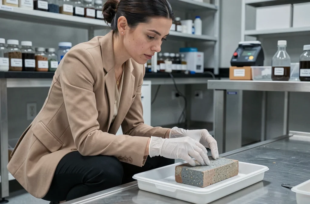 Consultante environnementale analysant un échantillon de matériau traité HU en laboratoire de diagnostic avant réhabilitation