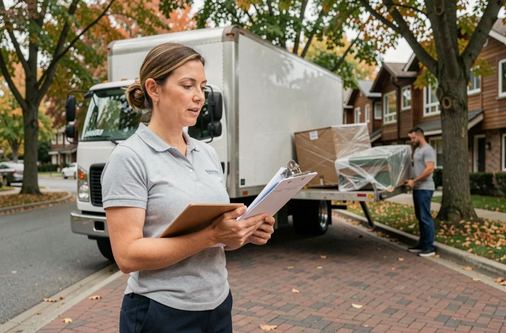 Coordinatrice de déménagement supervisant le chargement d'un camion devant une maison résidentielle