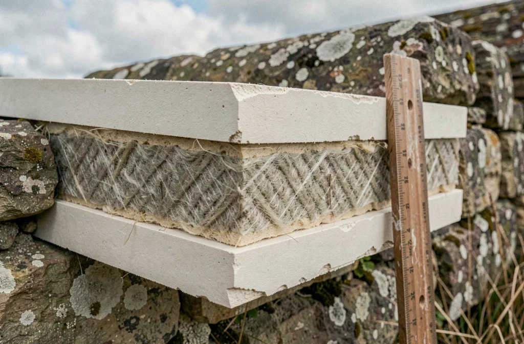 Coupe transversale d'un placo isolant thermique révélant ses couches internes contre un mur en pierre