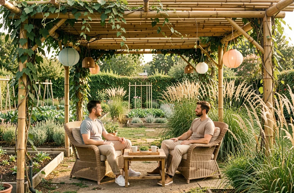 Couple discutant autour d'un café sous une pergola en bambou couverte de lierre dans un jardin avec lanternes suspendues