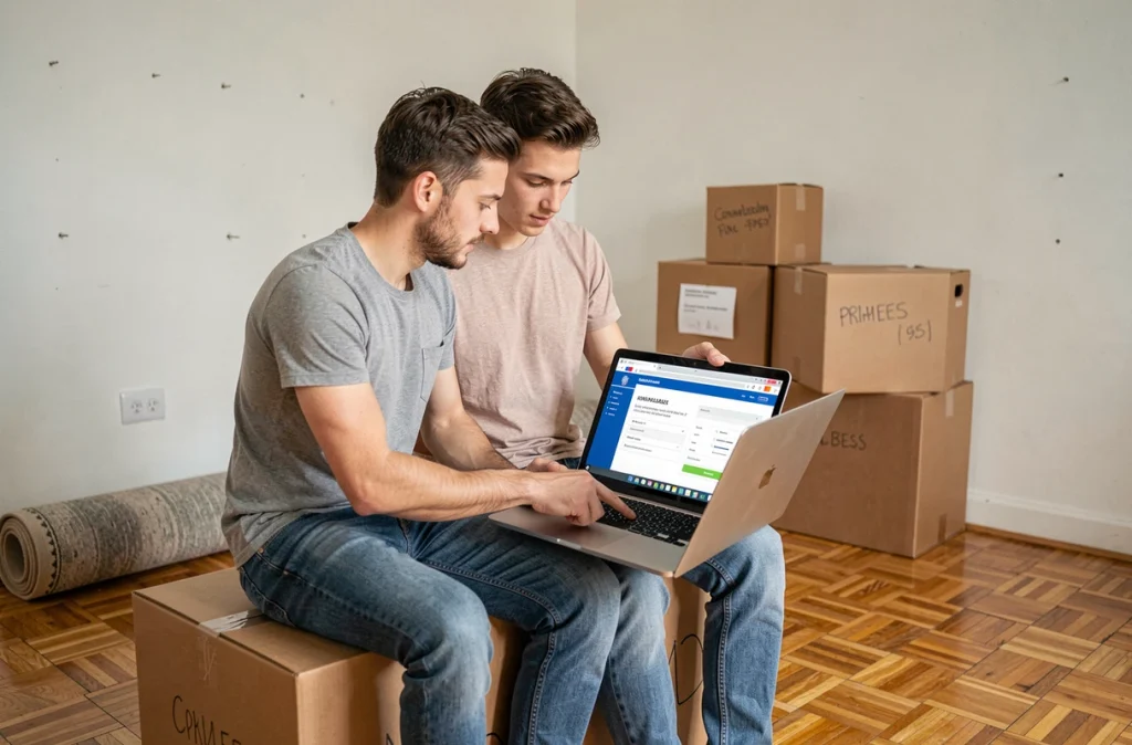 Couple gérant les formalités administratives de changement d'adresse en ligne lors d'un déménagement