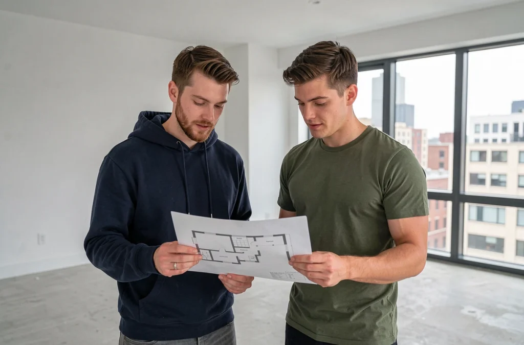 Couple consultant un plan de logement dans un appartement vide pour organiser l'aménagement avant l'emménagement