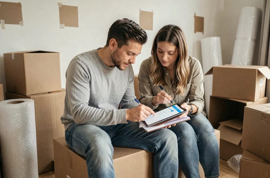 Couple en train de planifier le transfert de leurs contrats et abonnements assis sur des cartons dans un appartement en cours de déménagement