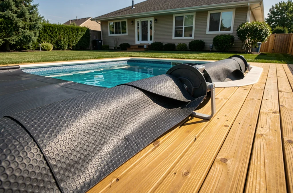 Couverture solaire à bulles partiellement déployée sur une piscine résidentielle, solution écologique pour conserver la chaleur de l'eau