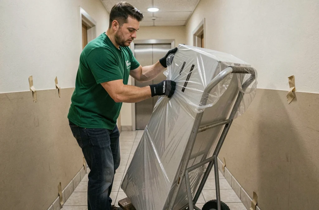 Déménageur professionnel manœuvrant un réfrigérateur emballé dans un couloir d'immeuble étroit