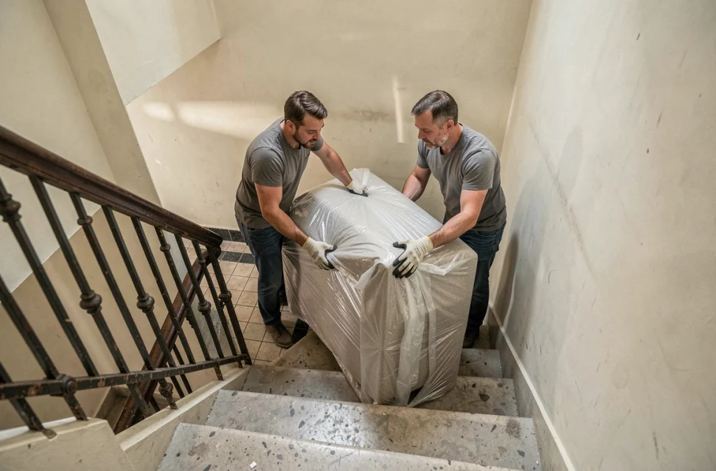 Deux déménageurs manœuvrant un canapé emballé dans un escalier d'immeuble haussmannien en ville