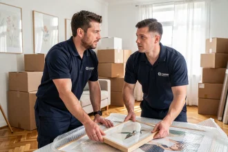 Deux déménageurs professionnels emballant soigneusement des œuvres d'art dans un appartement moderne