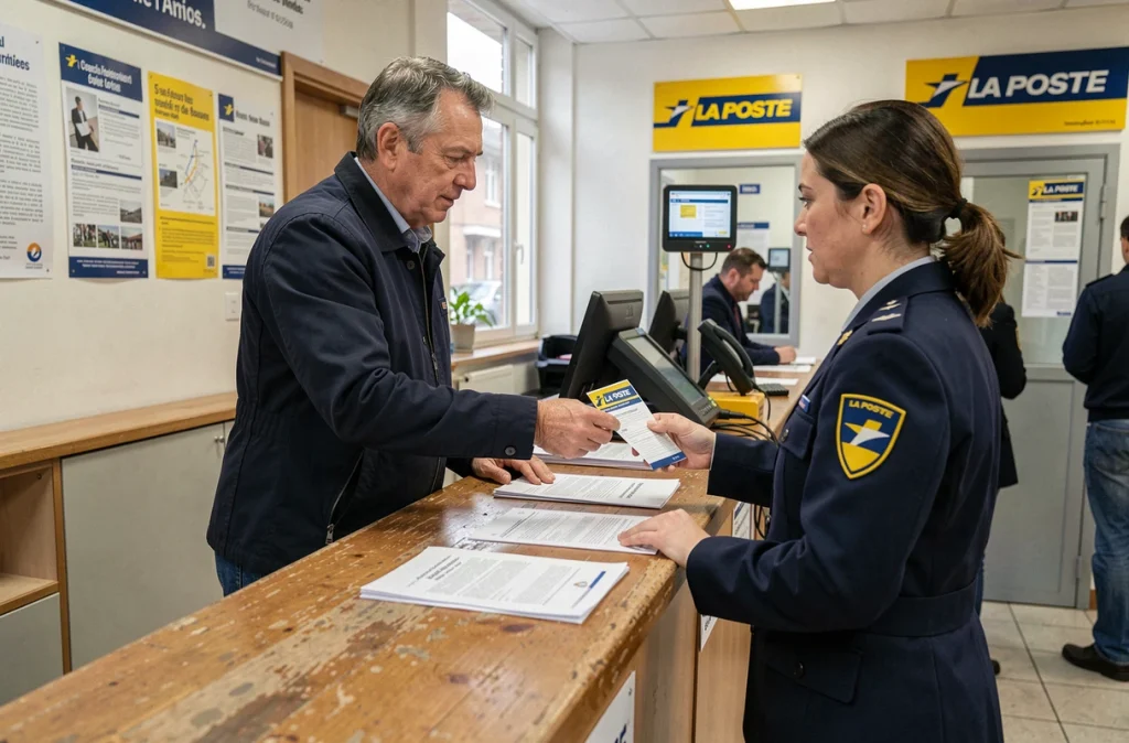 Homme déposant un formulaire de changement d'adresse au guichet d'un bureau de poste