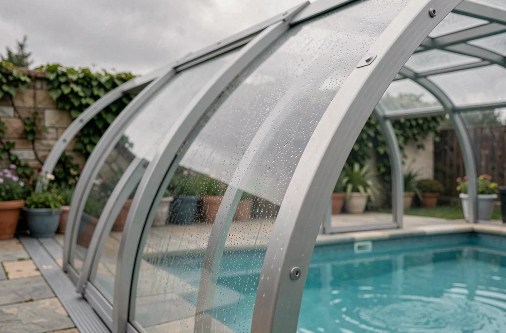 Détail d'un abri de piscine télescopique avec condensation sur les panneaux en polycarbonate transparent