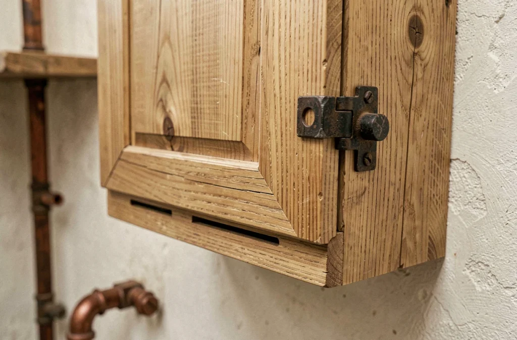 Détail de la menuiserie et du loquet en acier forgé d'un cache compteur électrique en chêne brut style campagne