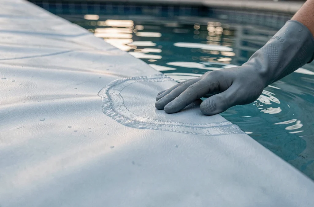 Gros plan sur l'entretien et le lissage d'un liner de piscine sous l'eau avec un gant