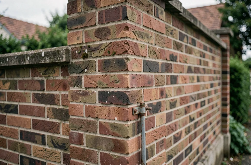 Détail architectural d'un mur mitoyen en brique avec différence de hauteur entre deux propriétés