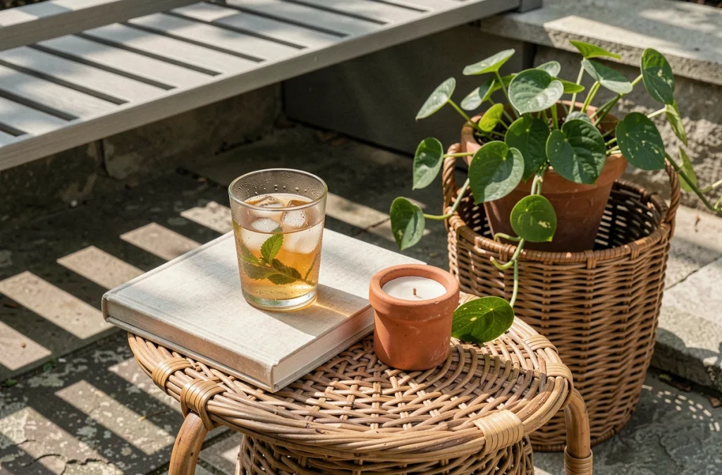 Détail de table d'appoint stylée sous pergola avec verre de tisane, livres et plante dans panier tressé sur terrasse en pierre