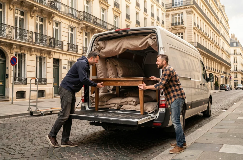 Deux hommes chargeant une table en bois dans un grand utilitaire sur une rue parisienne, illustrant le choix d'un fourgon adapté au transport de meubles volumineux