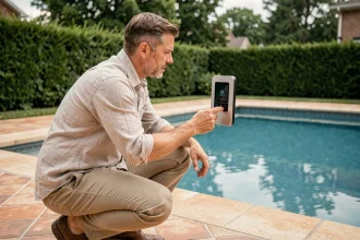 Un homme utilise un panneau de commande domotique pour gérer l'entretien automatisé d'une piscine familiale dans un jardin résidentiel